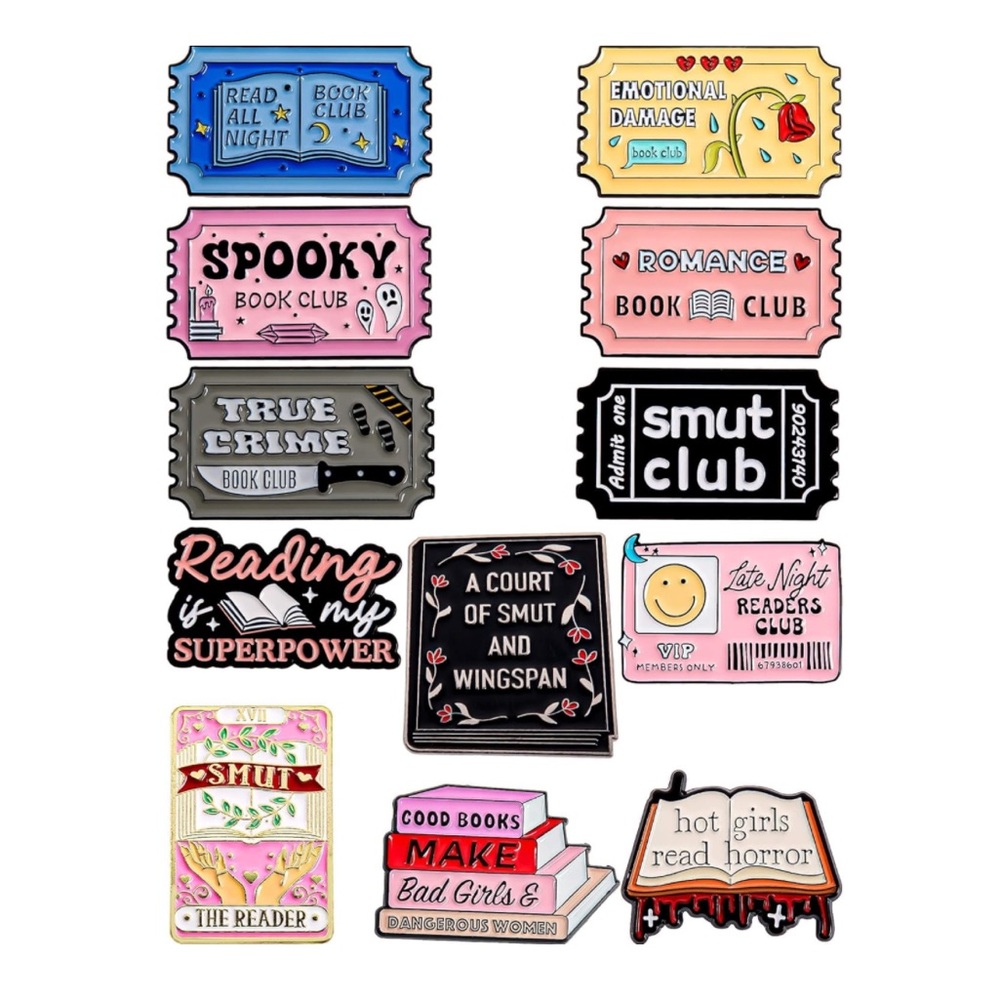 📚NEW Set of 12 Enamel Pins Books Literature Reading Smut Horror True Crime